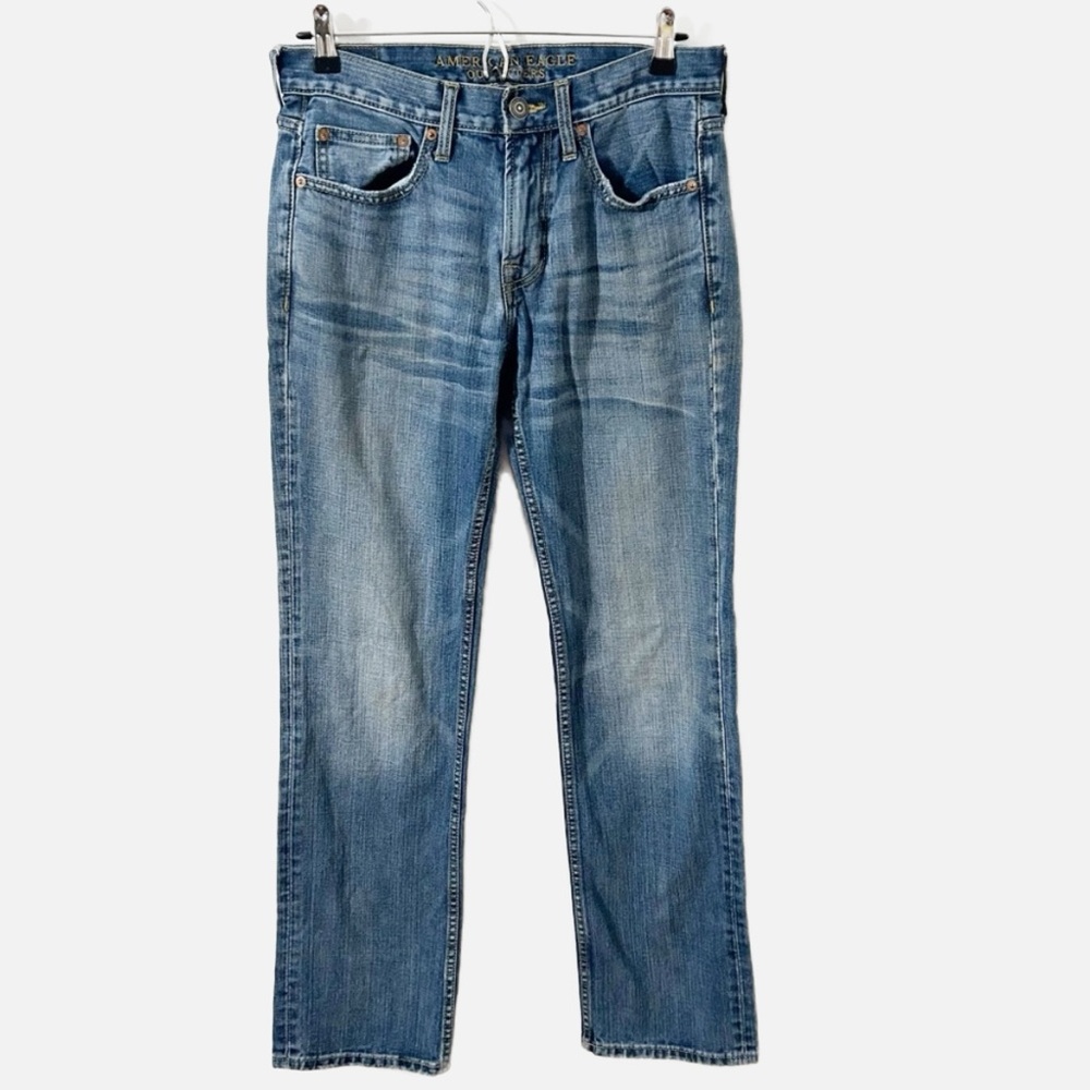 American Eagle Outfitters Distressed Straight Leg Denim Jeans Blue Button / Zip